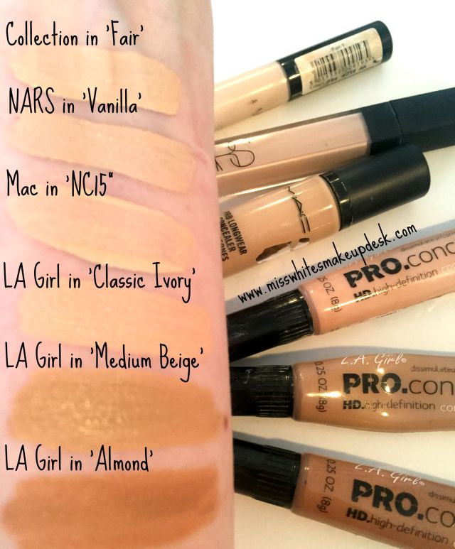 Swatches concealers NARS Radiant Creamy concealer MAC Pro Long Wear in NC15 LA Girl Pro Conceal Collection Lasting Perfection concealer in Light01