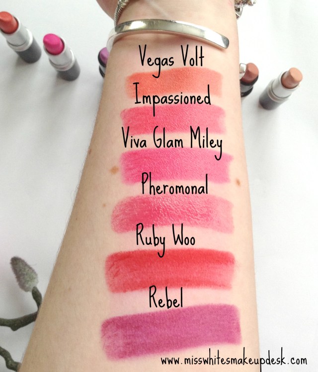 mac lipstick collection ruby woo myth oxblood snob saint gemain dodgy girl impassioned candy yum yum vegas volt viva glam miley pheromonal rebel swatches review