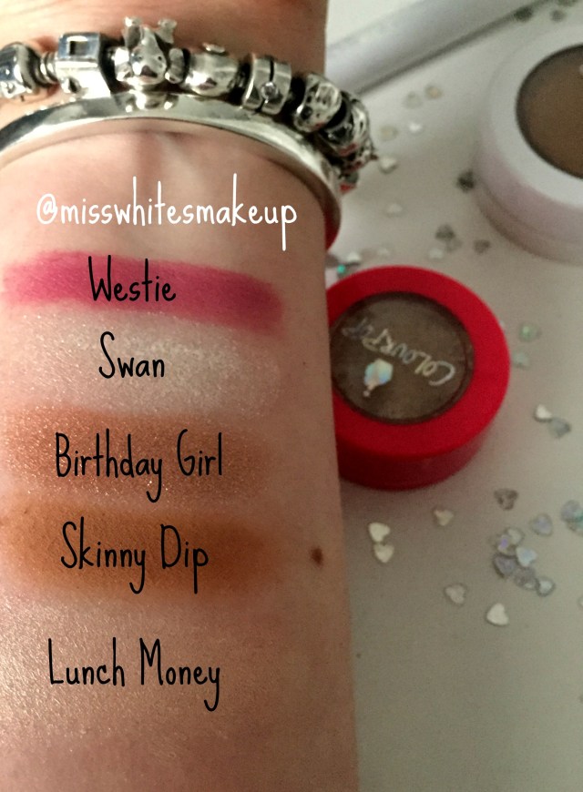 Colourpop swatches westie swan birthday girl skinny dip lunch money