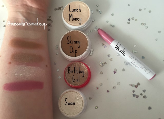 Colourpop swatches westie swan birthday girl skinny dip lunch money
