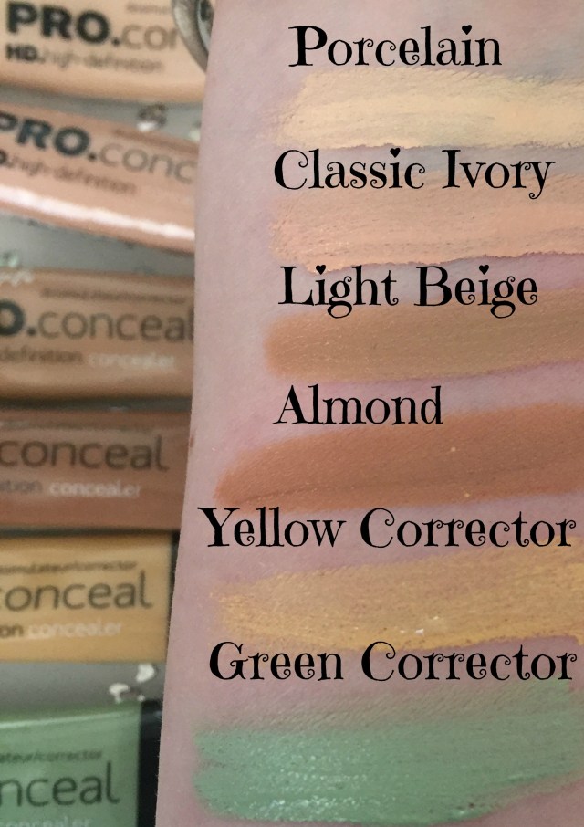 L.A. Girl PRO.conceal swatches Porcelain Yellow Green Almond ivory